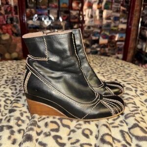 Fly London Black Leather Ankle Boots with Tan Wedge